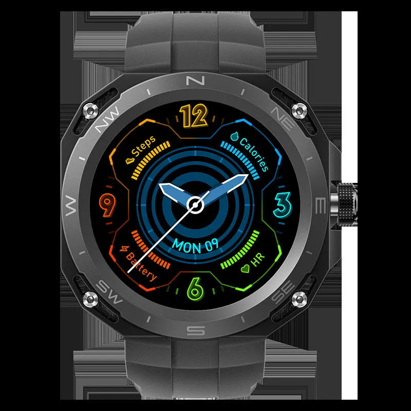Smart watch with zinc alloy case and silicone band in midnight black, showing voice call and health monitoring features