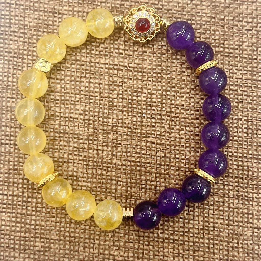 Handmade women's crystal bracelet with amethyst stones in yellow and purple colours