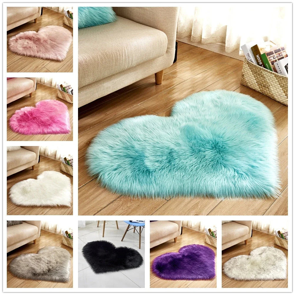 Soft, plush heart-shaped rug in various colors and sizes for comfortable home decor