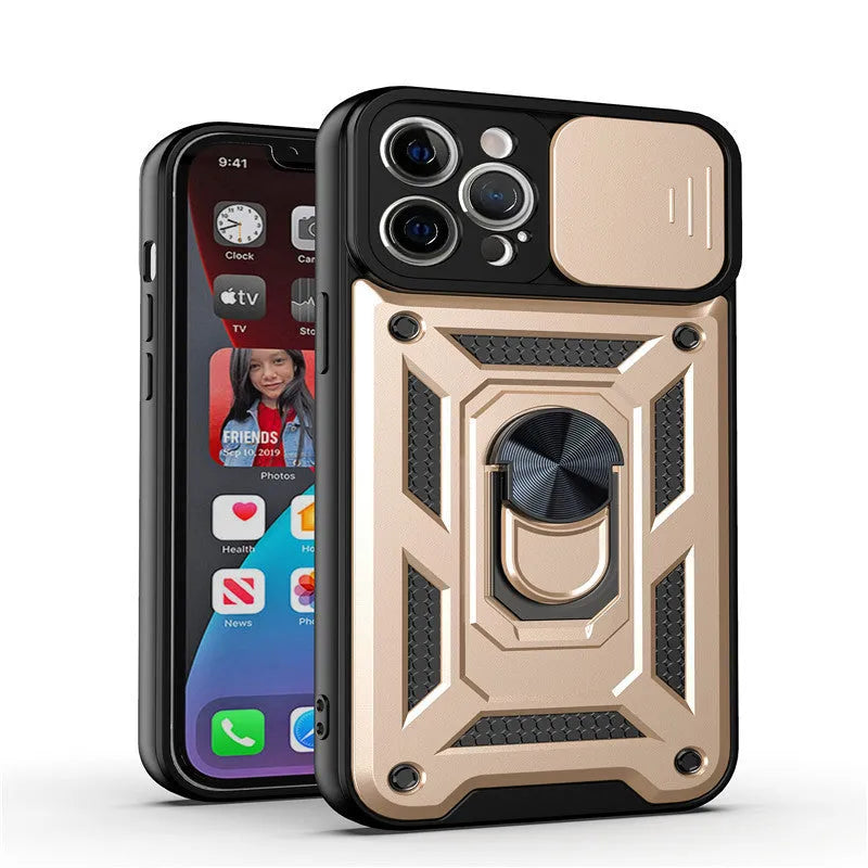 Sergeant sliding window mobile phone case with magnetic bracket in blue, shown on an iPhone.