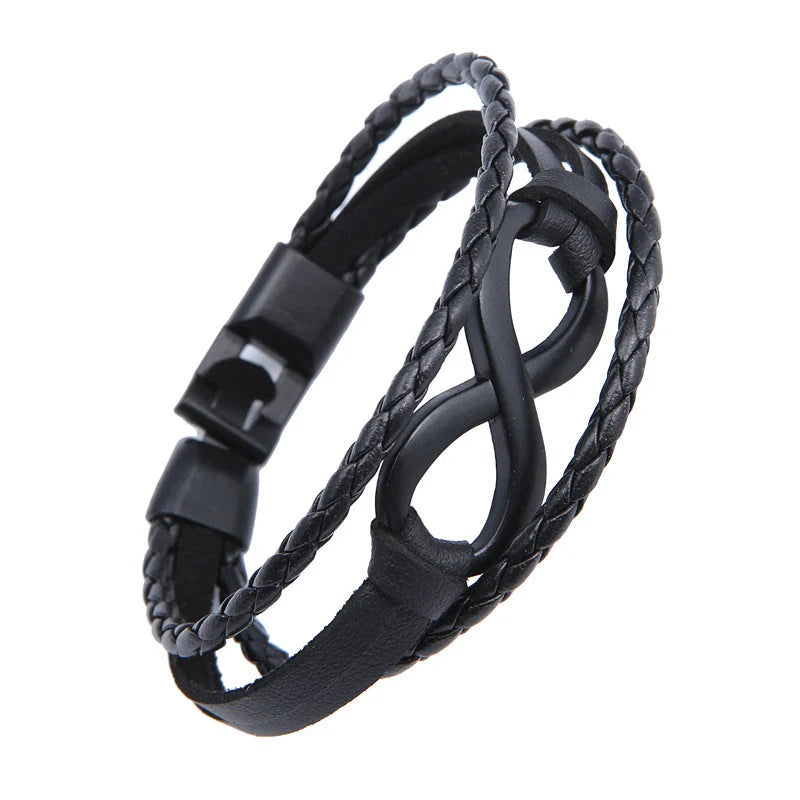 Alloy lucky figure 8 leather bracelet with adjustable leather strap and stainless steel accents