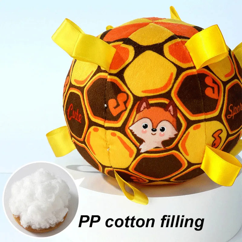 Green plush ball dog toy with a fabric handle, shown next to a yellow and a watermelon-coloured version.