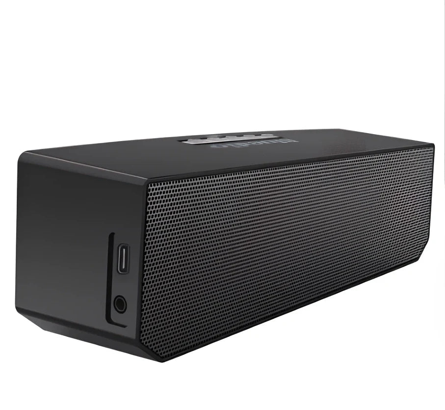 Bluedio BS-5 Mini portable Bluetooth speaker showing 3D stereo output and 10m wireless range