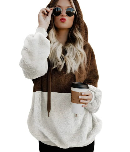 Women's casual plush hooded sweatshirt in dark grey with zipper, drawstring hood, and patchwork stitching, loose fit for autumn winter