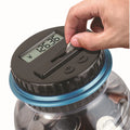 Transparent digital coin counting money box with LCD screen on lid, showing coin slot and clear jar body