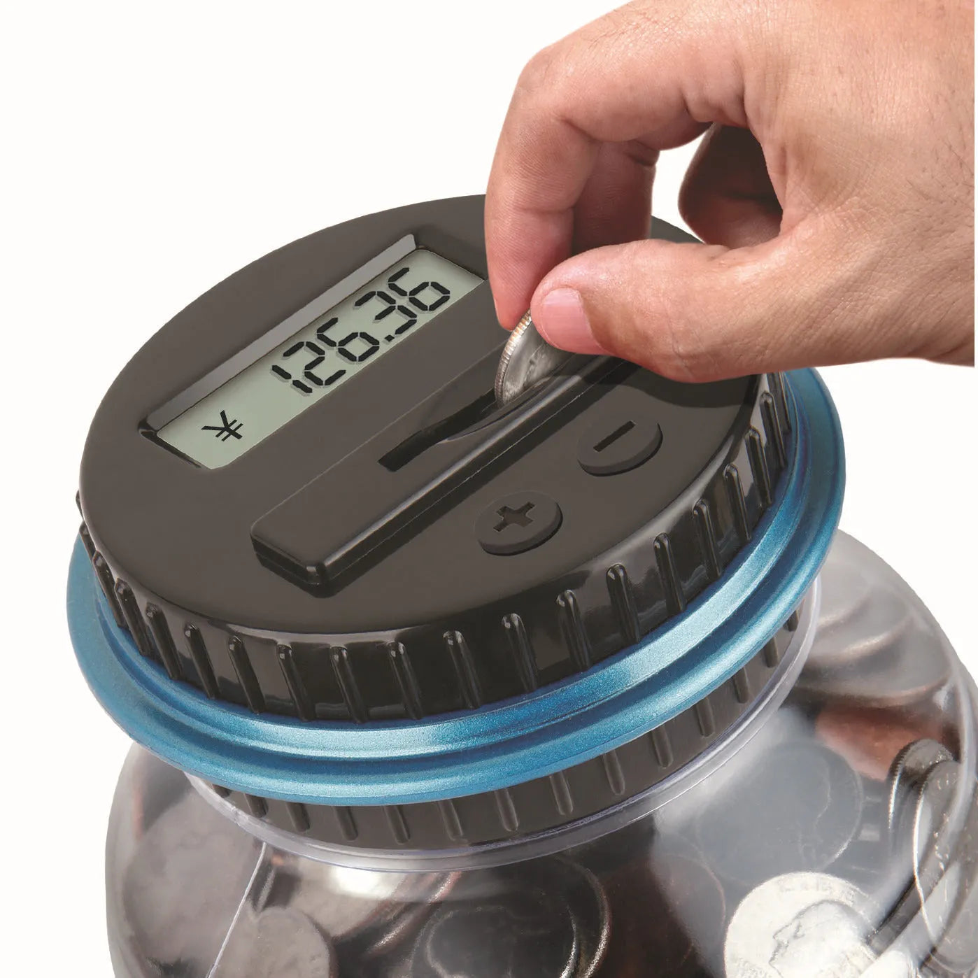 Transparent digital coin counting money box with LCD screen on lid, showing coin slot and clear jar body