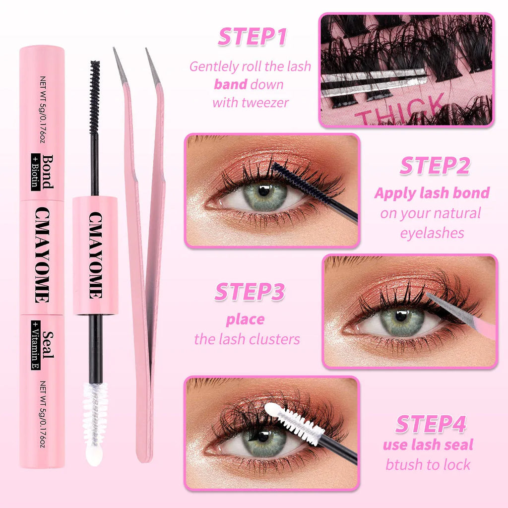 DIY single cluster false eyelash extension suit with eyelash tweezers on a white background.