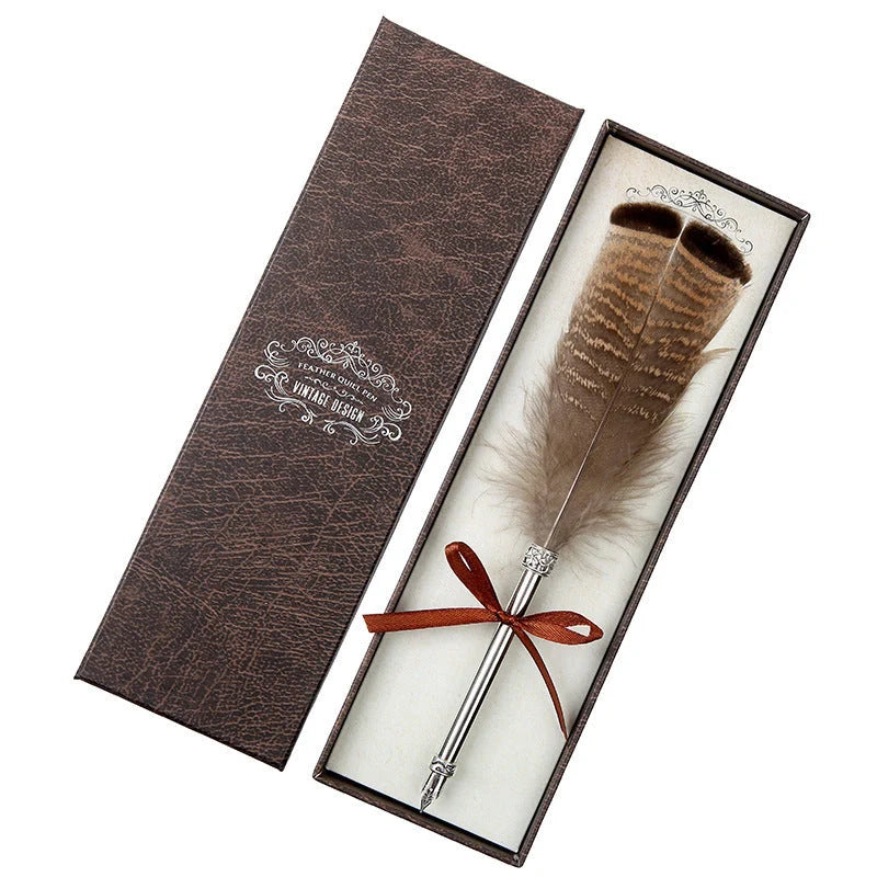 European Retro Feather Pen with stainless steel shell and gift box packaging