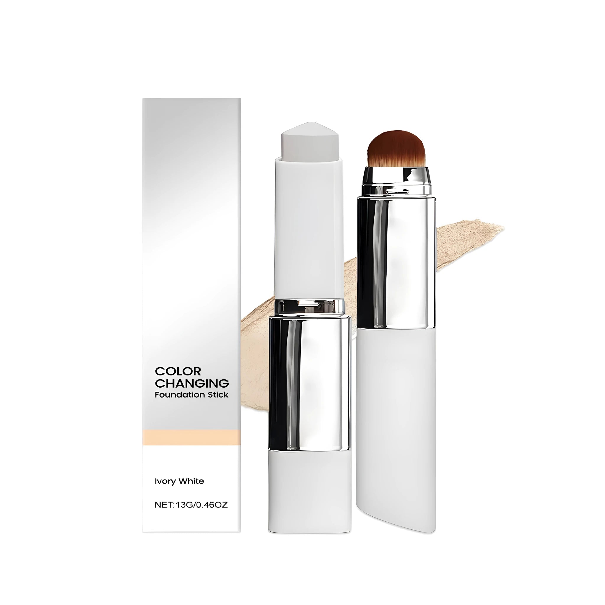 Pressed foundation stick with 13g of product in compact case showing colour options