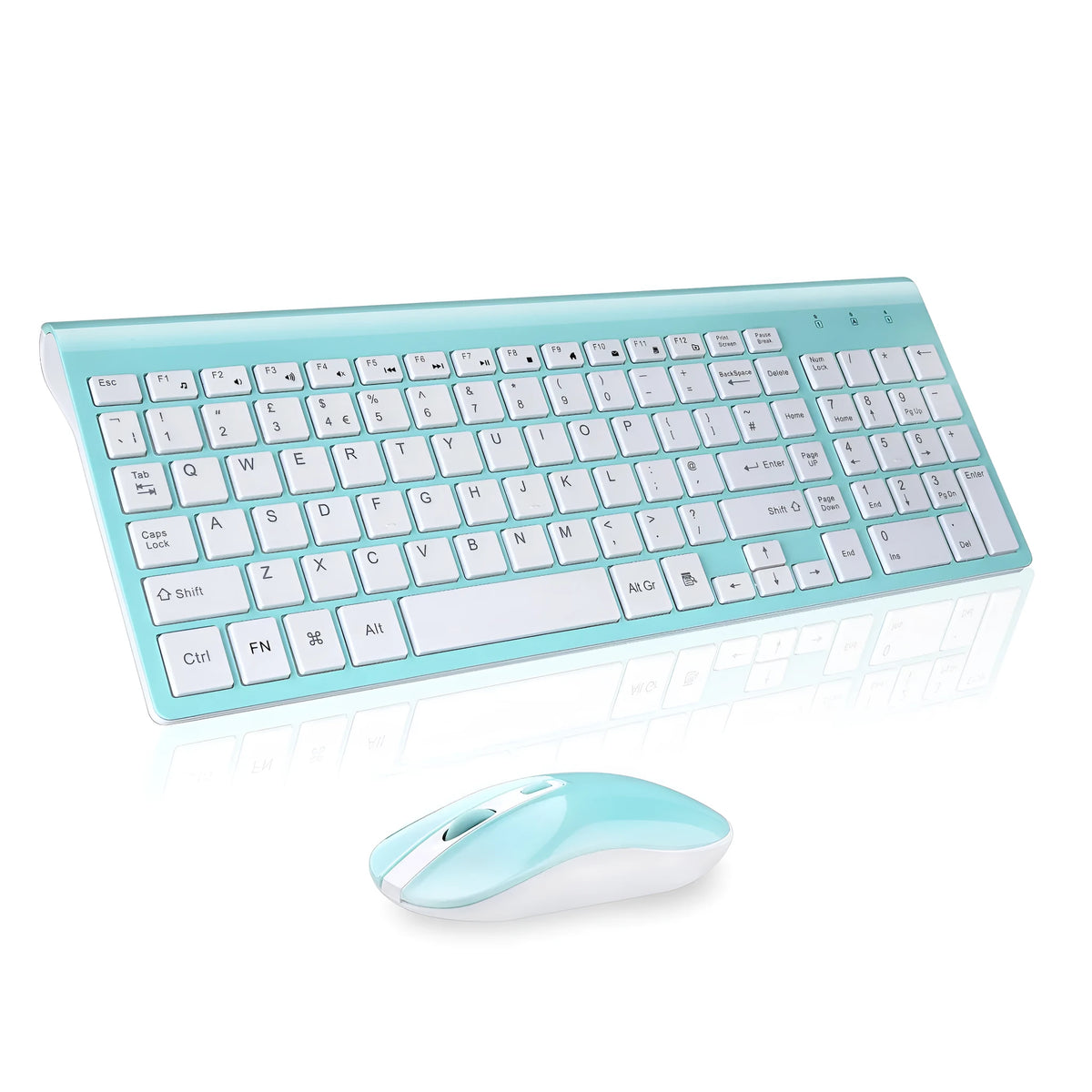 Fashion wireless keyboard and mouse set in blue, full-size layout with numeric keypad and 2.4G nano receiver