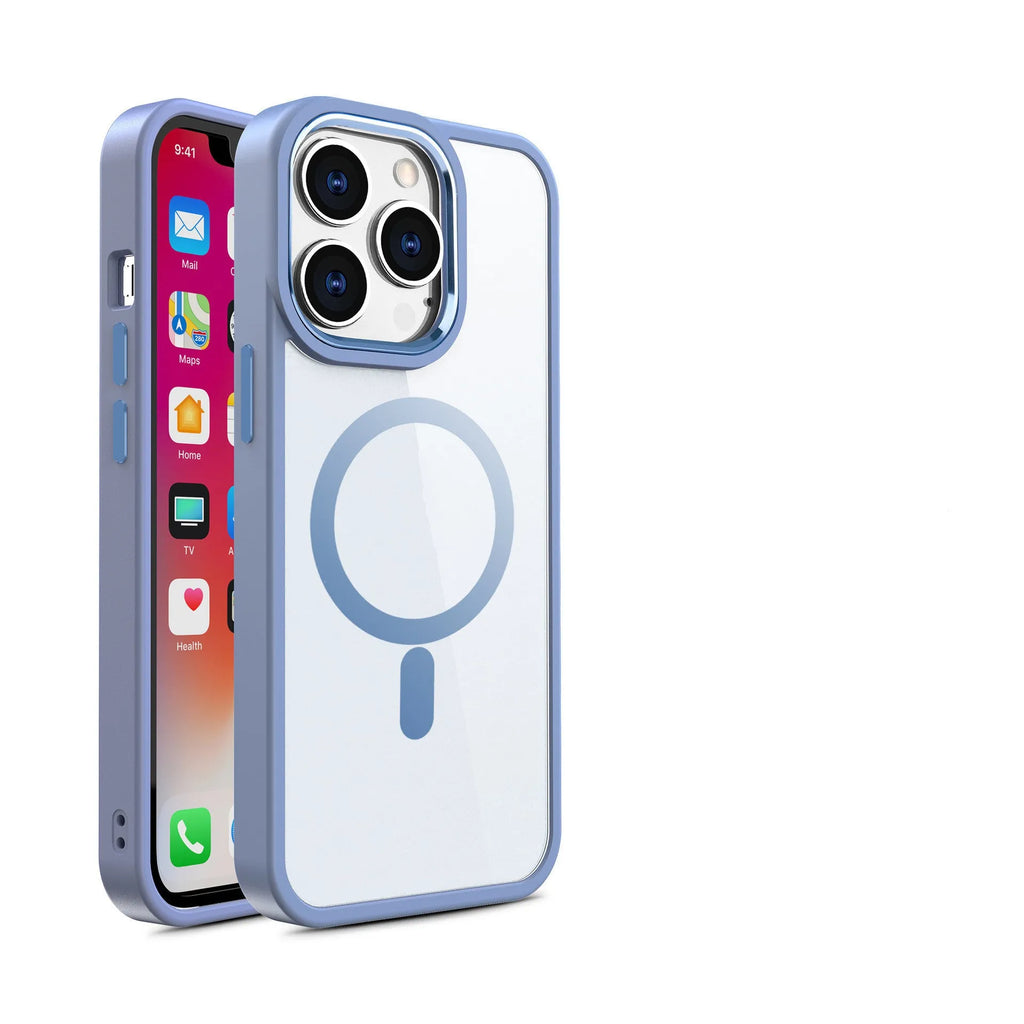 Magnetic transparent silicone phone case for iPhone in assorted solid colours on a white background.