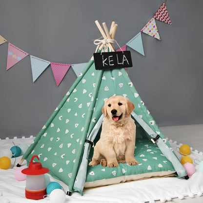 Green triangle cotton pet tent kennel assembled with wood sticks, L size 60x60x70cm, optional cushion for dog cat warmth