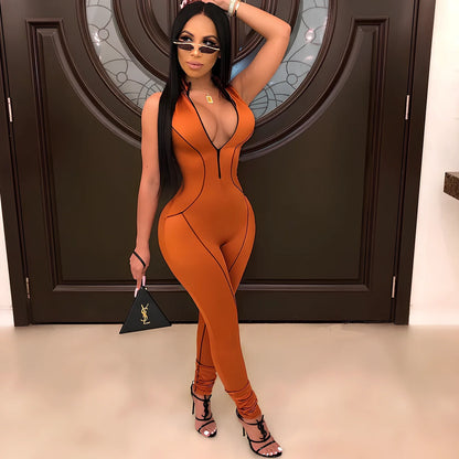 Side-striped jumpsuit in blue with Asian sizing, stripes for leg lengthening, sizes S-2XL