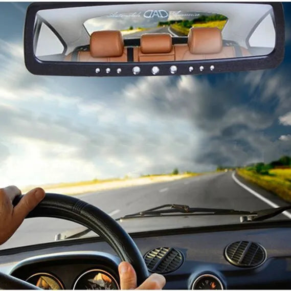 Flat car interior mirror with black and white colour sections, universal fit for most vehicles