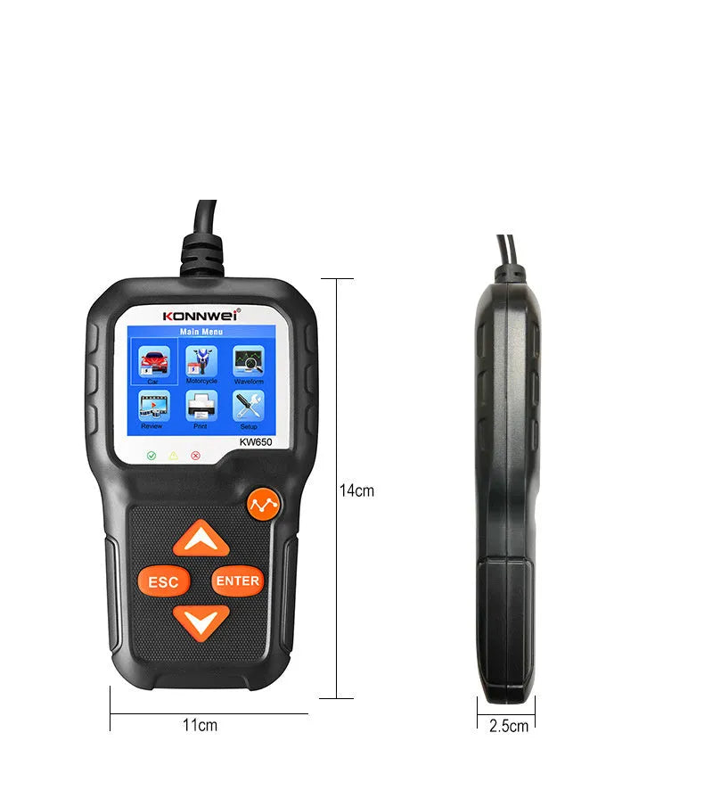 KONNWEI KW650 battery tester with LCD screen and three LED indicators, black casing