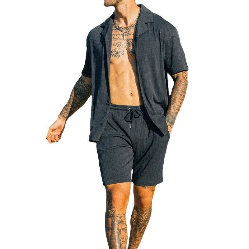 Men's stylish two-piece set for summer with short sleeve shirt and shorts