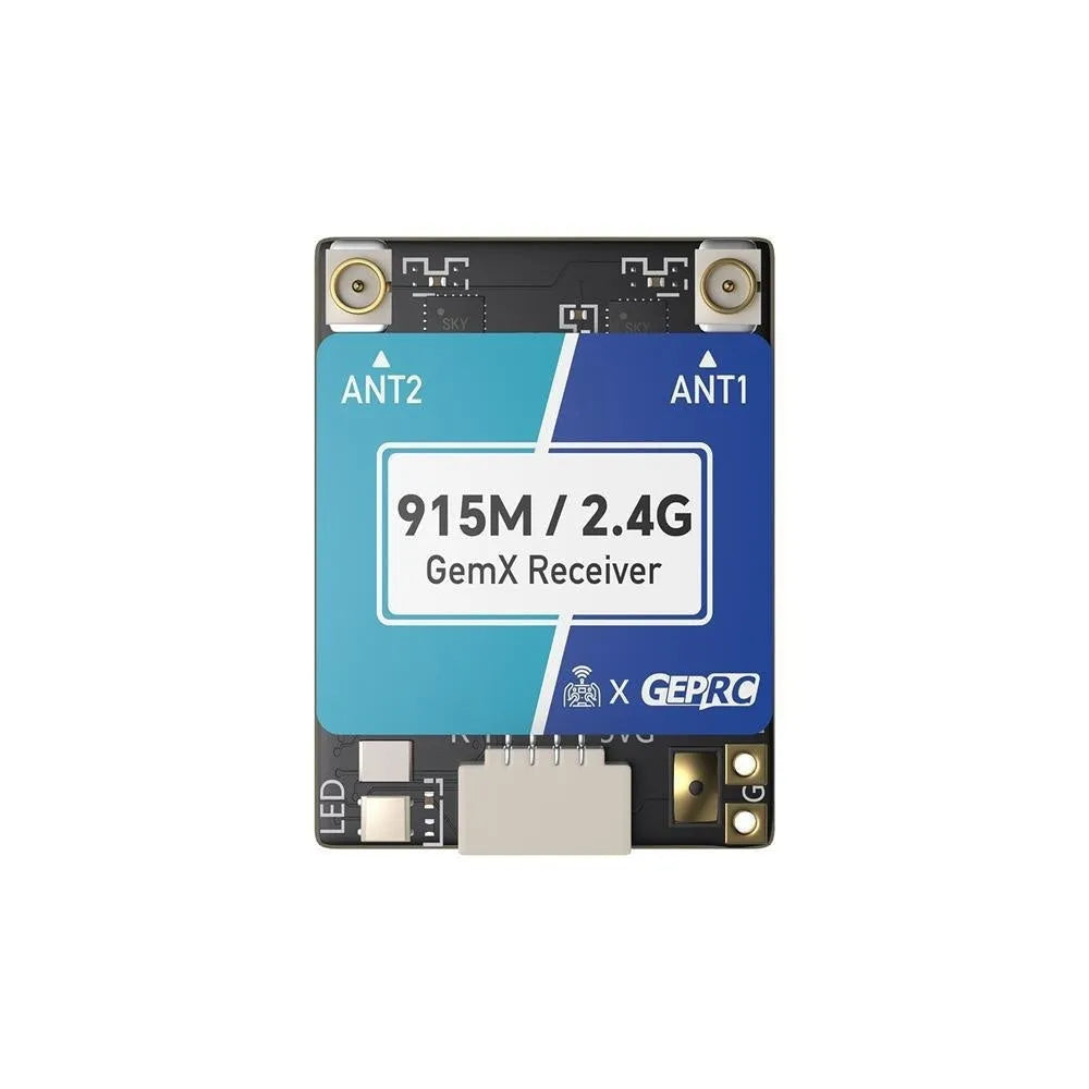 ELRS 915MHz and 2.4GHz dual-frequency FPV receiver unit with two T-shaped antennas and silicone connecting wire.