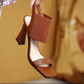 Women's black high heel sandals with elastic straps, PU leather uppers and rubber soles