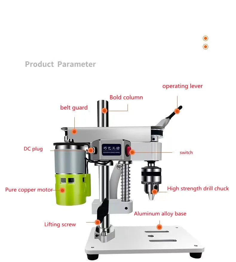 High precision small bench drill with aluminum alloy base, copper wire motor, seven gears adjustment, and stainless steel chuck on workbench.