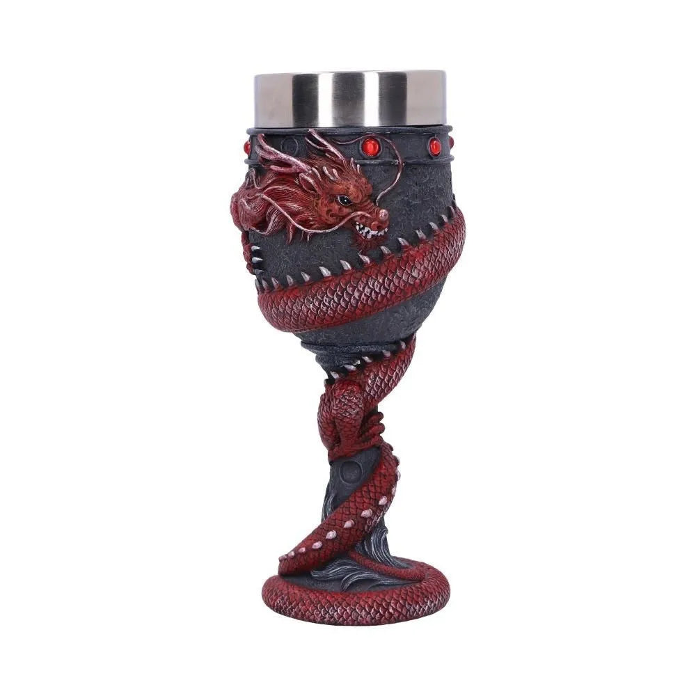 Red and gold stainless steel wine glass with 3D Chinese dragon resin design, 200ml capacity.