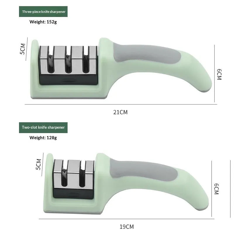Multi-function kitchen knife sharpener with two-stage mouth colour box, ABS and TPR body, stainless steel and tungsten steel slots