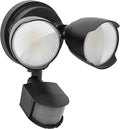 White 120V LED security floodlight with motion sensor showing wall mount bracket and dimensions.