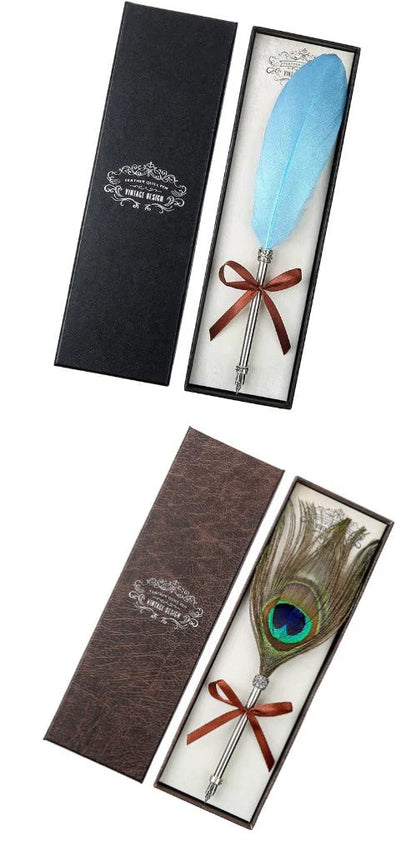 European Retro Feather Pen with stainless steel shell and gift box packaging