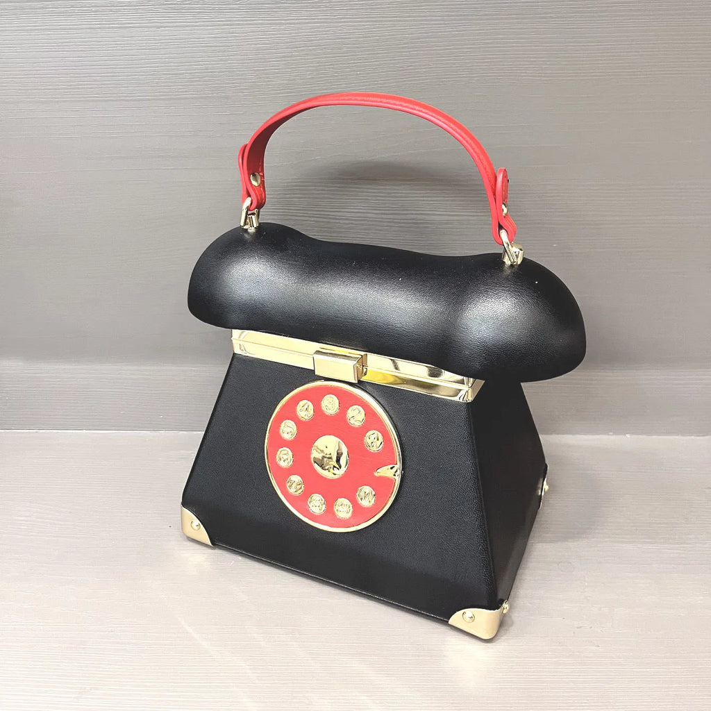 Women's landline phone-shaped handbag in PU leather available in black, brown, pink, red with retro European American style