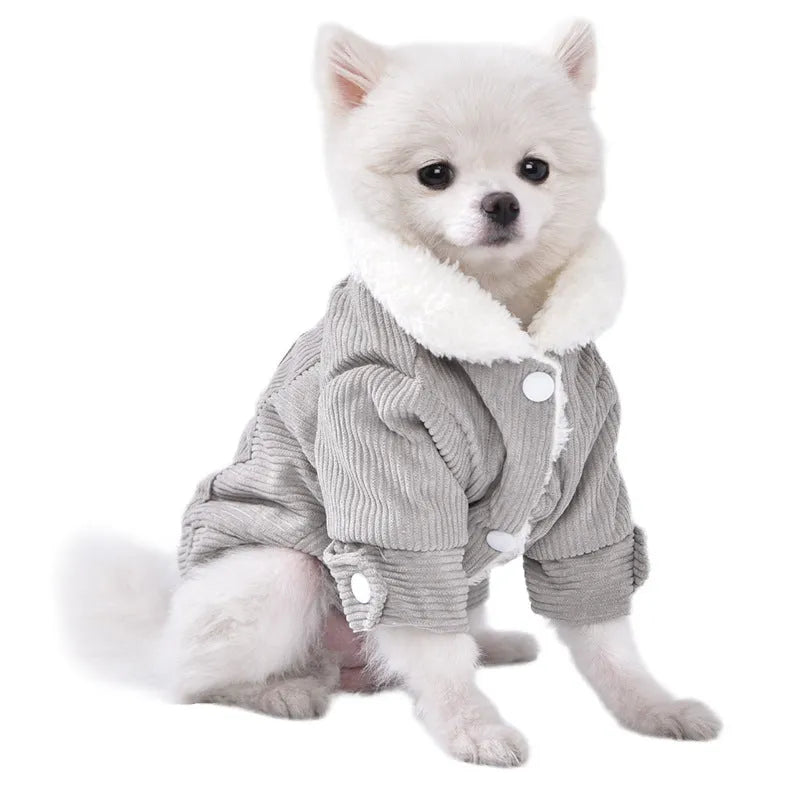 Grey lambswool-lined dog fleece vest for winter warmth shown on a medium-sized dog