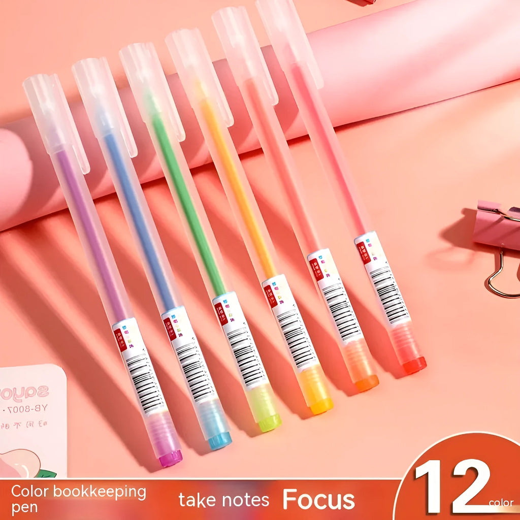 Set of 12 coloured gel pens with 0.5mm tips and plastic barrels for stationery and writing