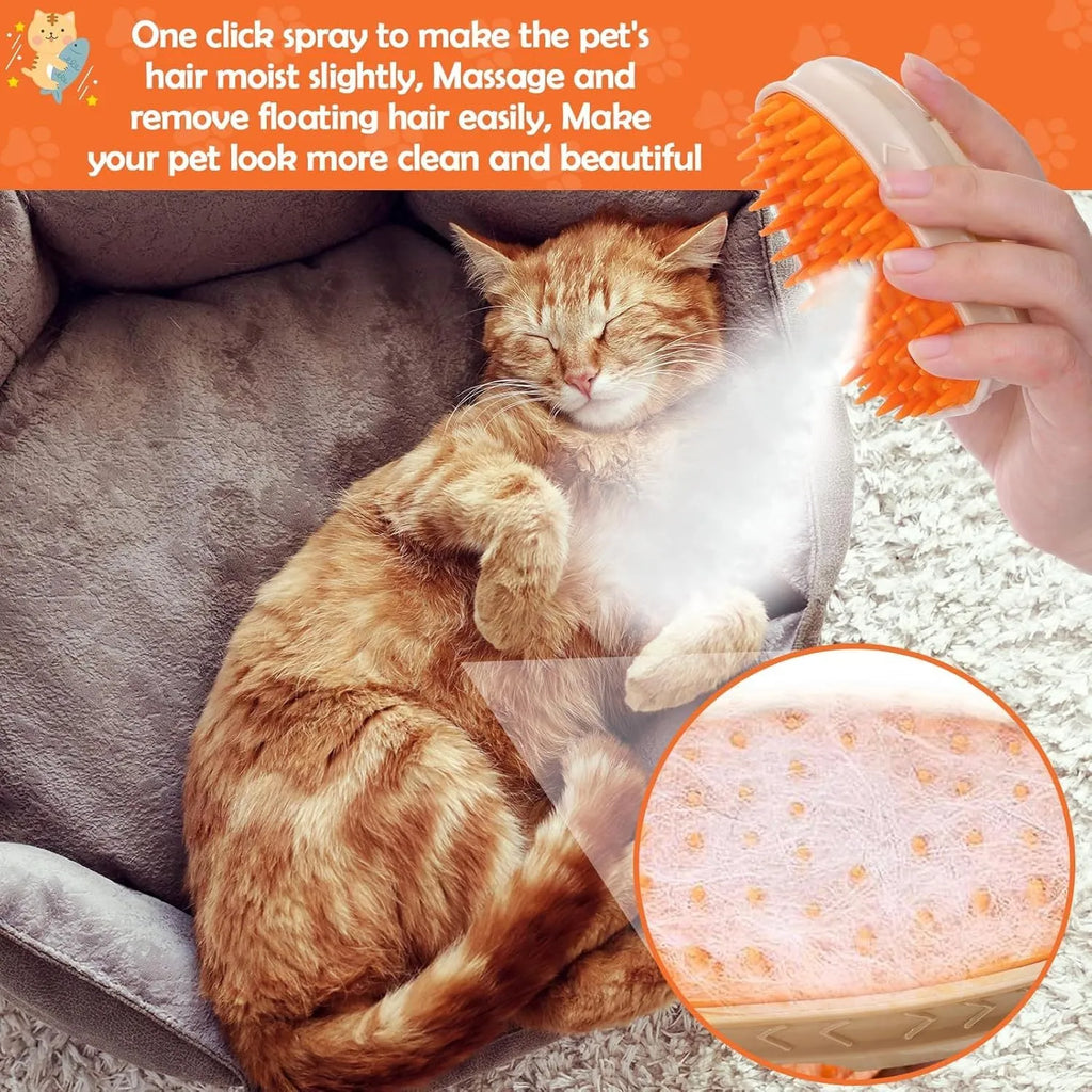 Yellow USB rechargeable cat brush steamer with water tank, silicone brush head, and UV detection light.