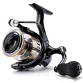 All metal spinning fishing reel with black EVA grip handle on a grey background