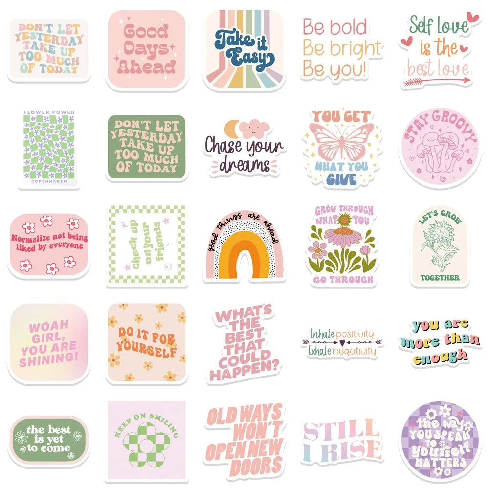 Danish pink motivational stickers with graffiti cartoon designs, size 4-6cm, pack of 50.