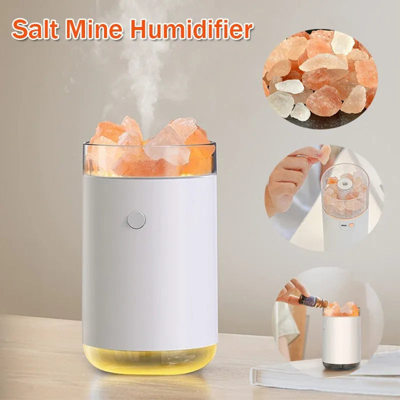 Ultrasonic humidifier diffuser with crystal salt stone and LED lamp in white finish on a desk with USB cable