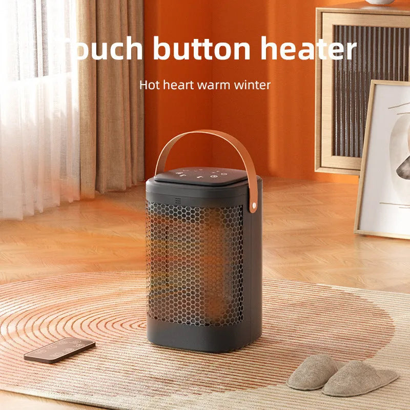White hot and cold air heating radiator with digital touch screen and remote control on a table.