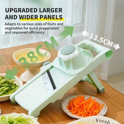 Adjustable vegetable slicer with stainless steel blade in mint green