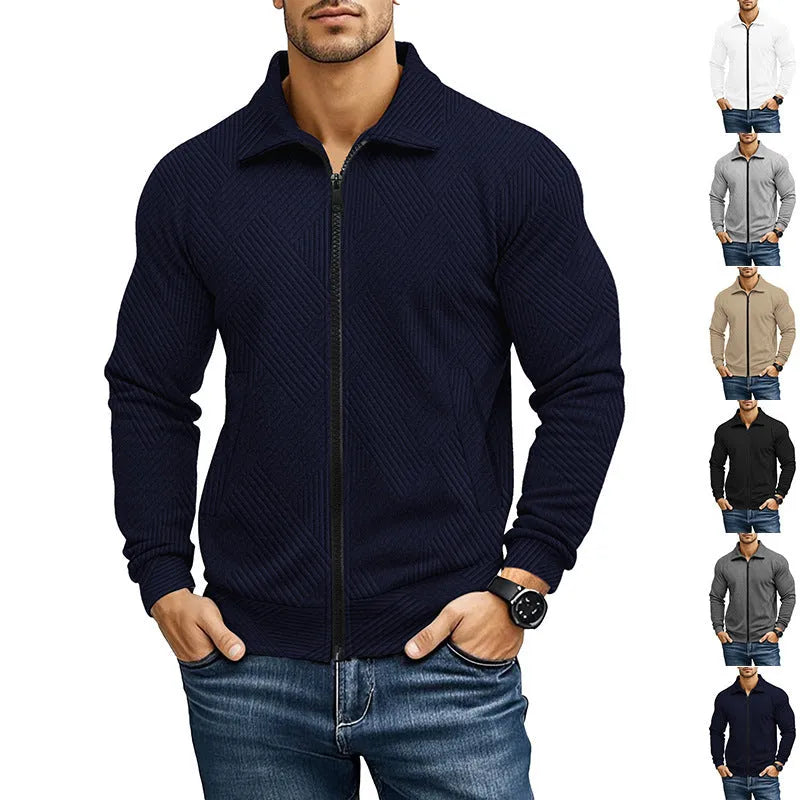 Men's solid colour casual jacket with a textured waffle turn-down collar, shown in multiple colour options.