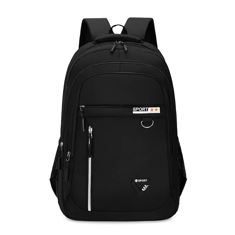 Men's Oxford cloth schoolbag with letter pattern design showing air pillow belt burden reduction system