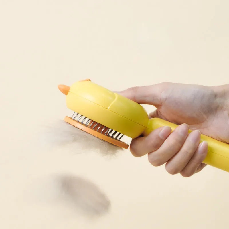 Purple self-cleaning pet grooming brush with stainless steel bristles for cat and dog hair removal