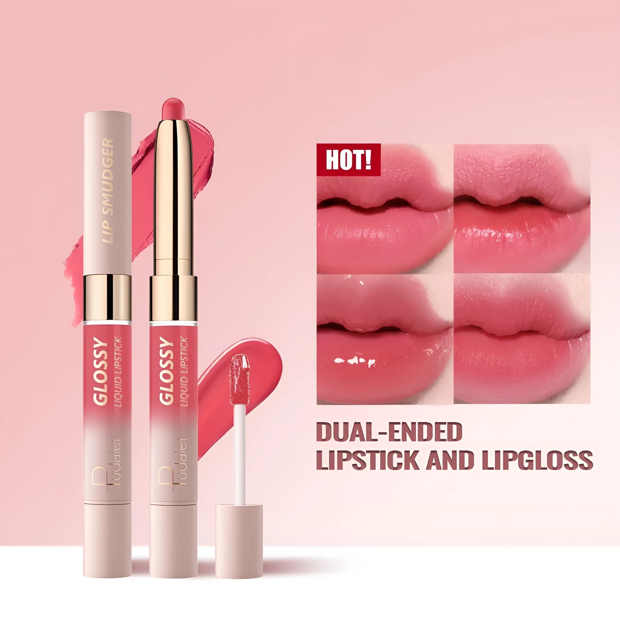 Double-ended lipstick and lip gloss set showing matte and glossy ends in one of ten available colour shades