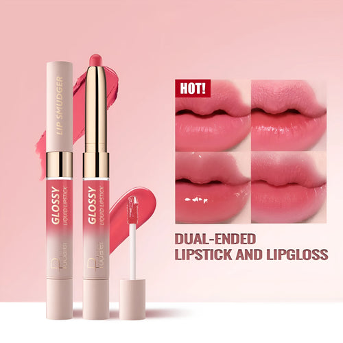 Double-ended lipstick and lip gloss set showing matte and glossy ends in one of ten available colour shades