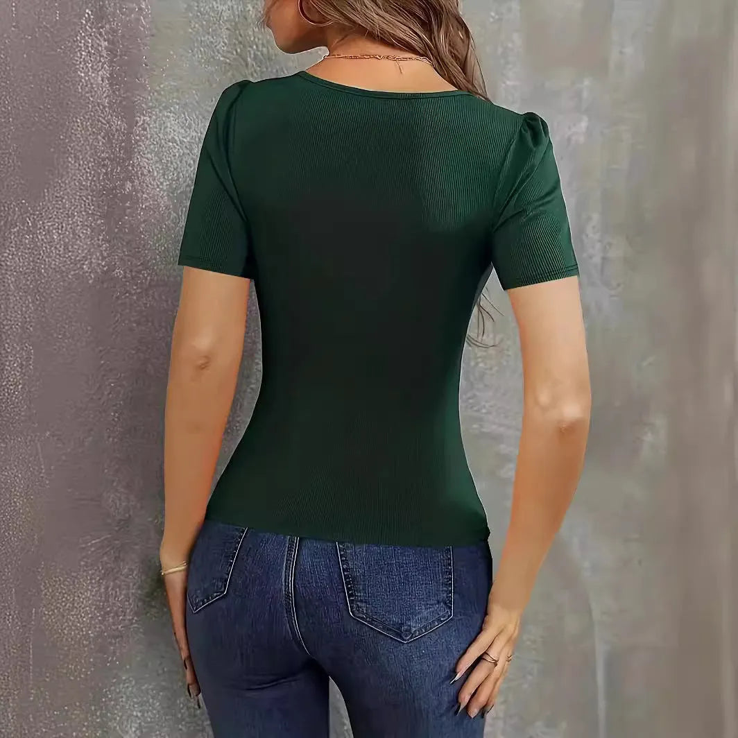 Women's wine red knitted short-sleeve slim fit top on a hanger