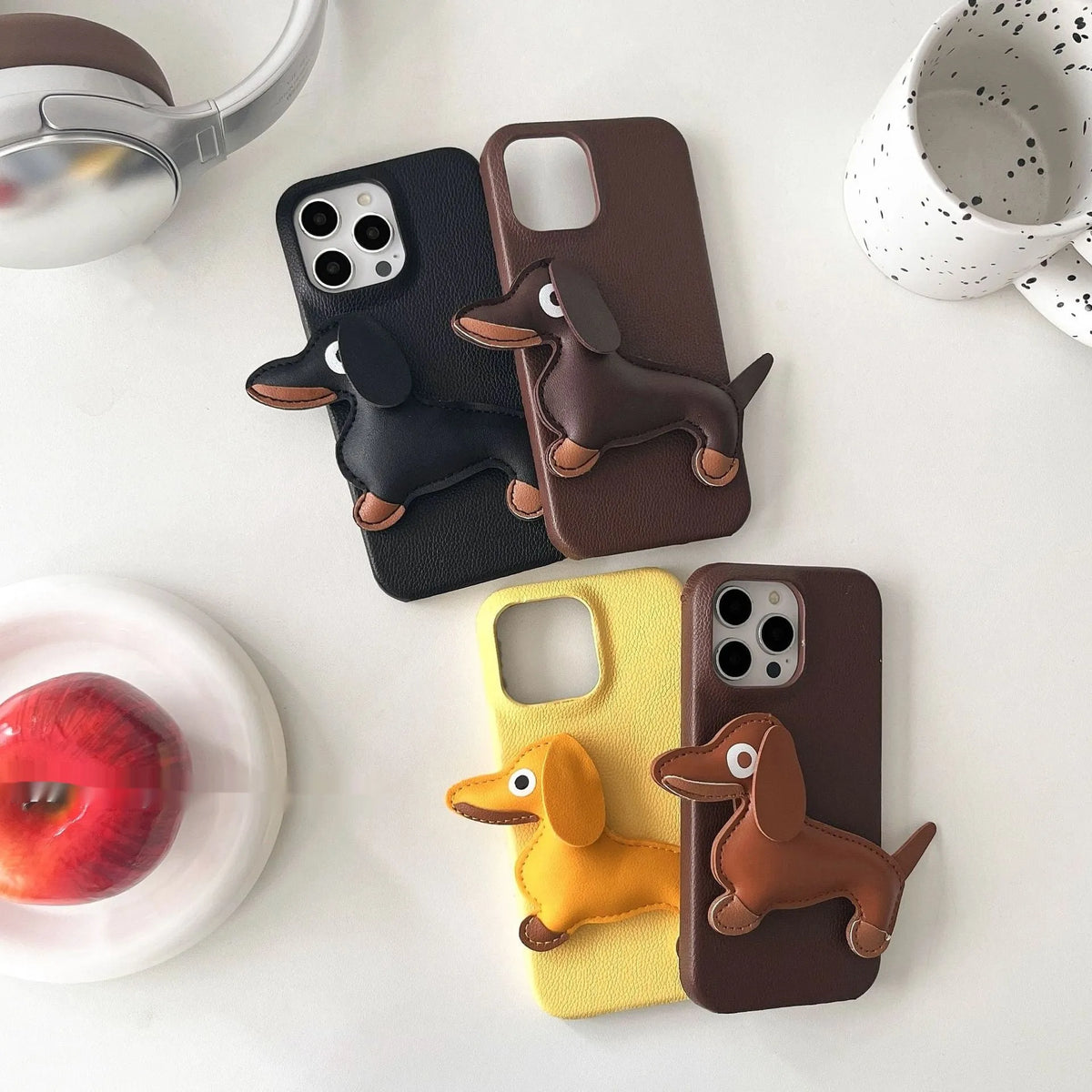 Creative three-dimensional leather sausage dog phone case for Apple iPhone in yellow