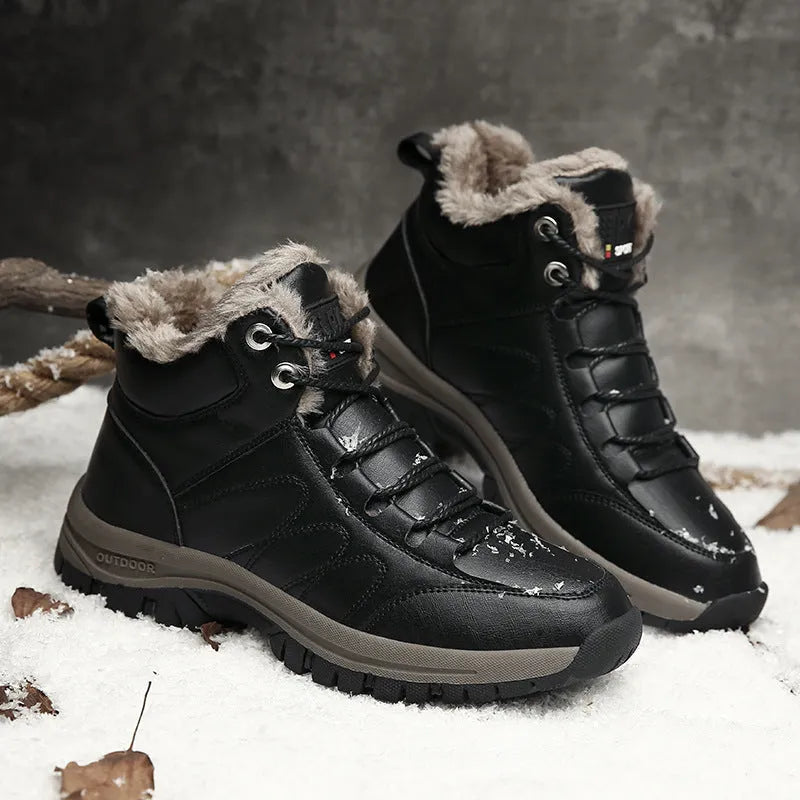 Men's winter boots with plush lining, black, lace-up style, artificial PU upper with cowhide finish, rubber sole