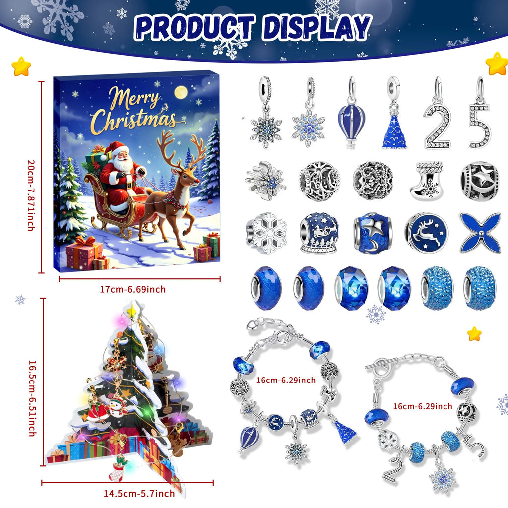 24 grid Christmas advent calendar countdown set with zinc alloy frame and bracelet blind box in blue colour