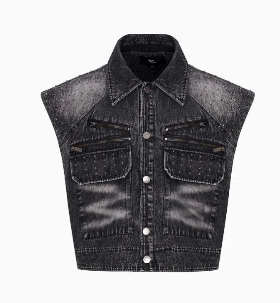 Black and grey washed wide leg pants with matching waistcoat, Korean style cotton denim set