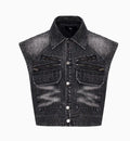 Black and grey washed wide leg pants with matching waistcoat, Korean style cotton denim set