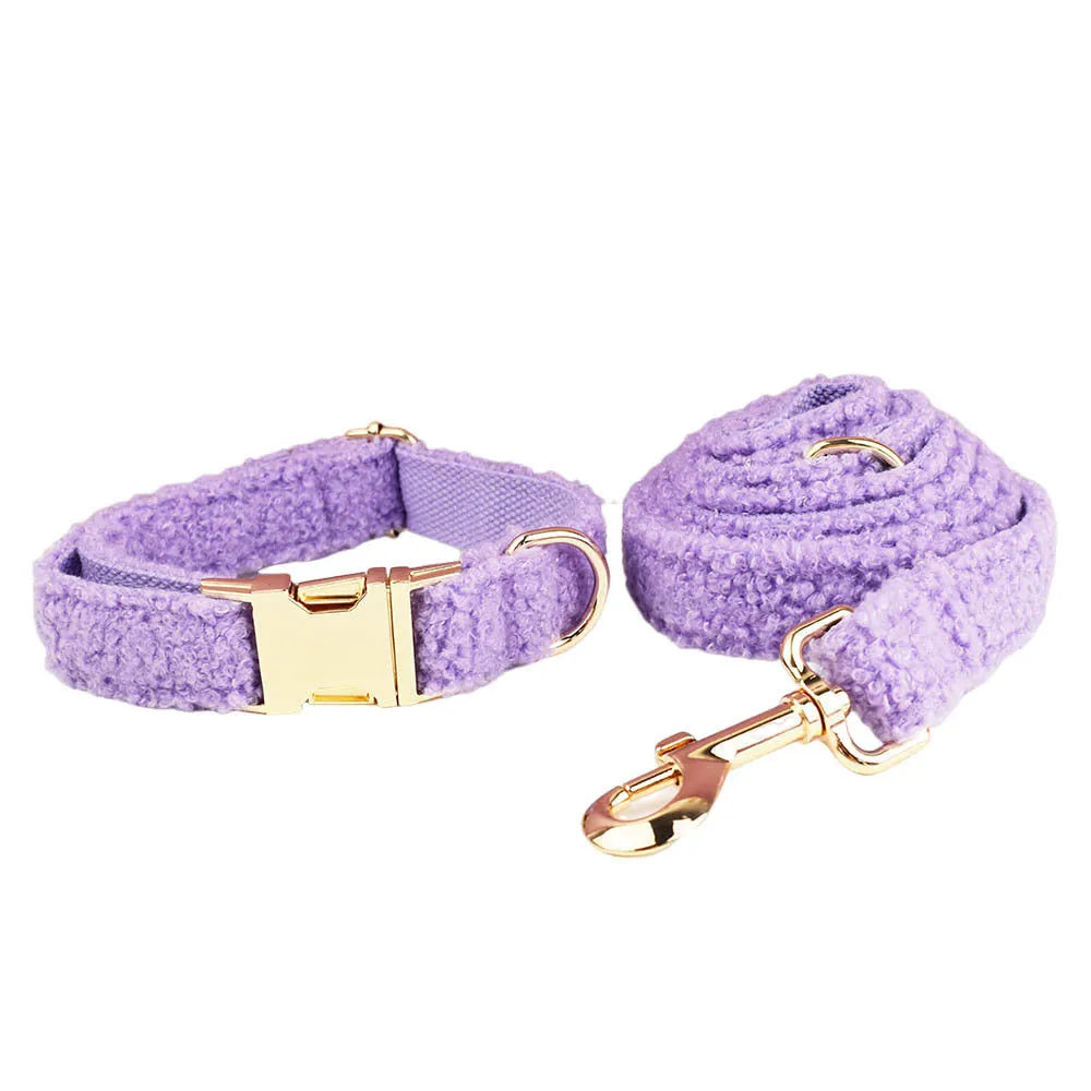 Four-piece dog accessory set showing collar, lead, bow and matching vest in cloth material