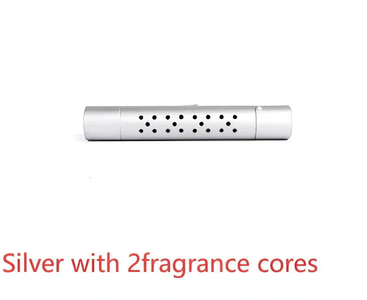 Silver aluminium alloy car vent clip-on air freshener, 83x13mm size, 46g, with replaceable fragrance cores