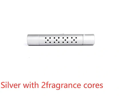 Silver aluminium alloy car vent clip-on air freshener, 83x13mm size, 46g, with replaceable fragrance cores